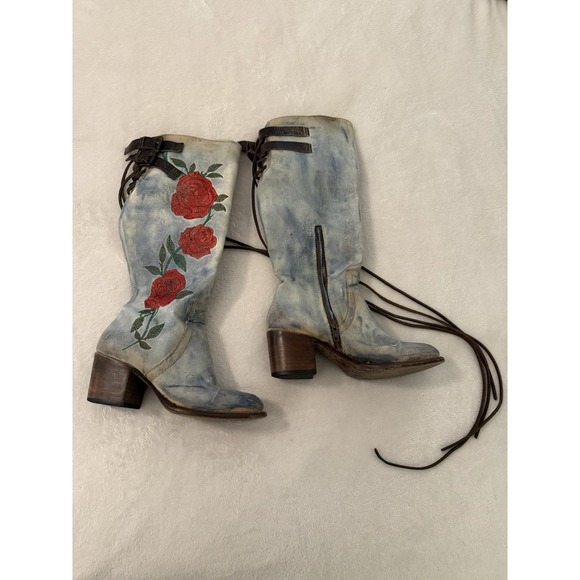 Freebird Cyrus Womens Boots 8 Leather Denim Roses Embroidery Distressed Laces - Picture 2 of 9